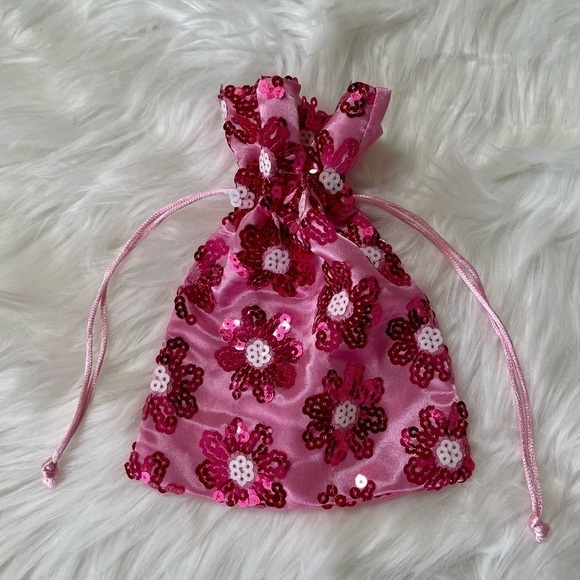 Pouch Pink Satin Sequin Drawstring Floral - Picture 1 of 9